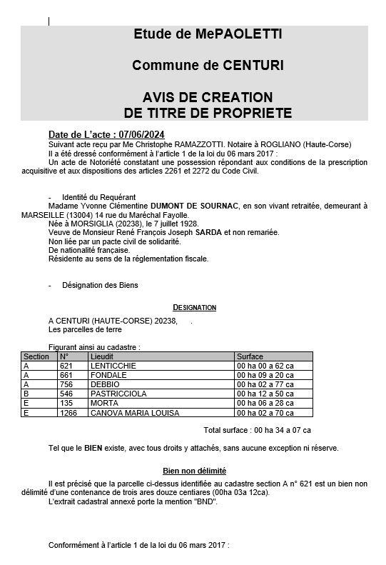 Avis de création de titre de propriété - Commune de Centuri (Cismonte)