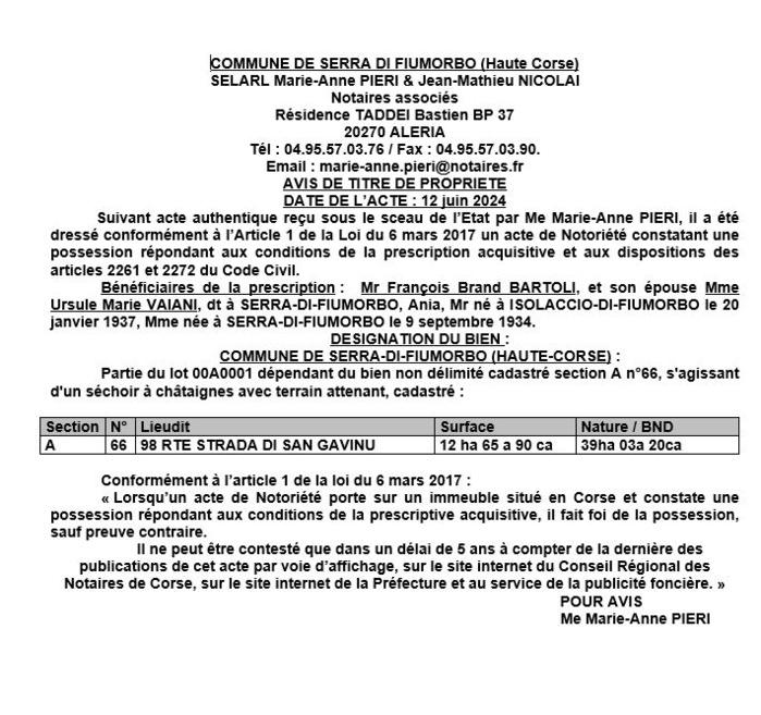 Avis de création de titre de propriété - Commune de Serra di Fiumorbu (Cismonte)