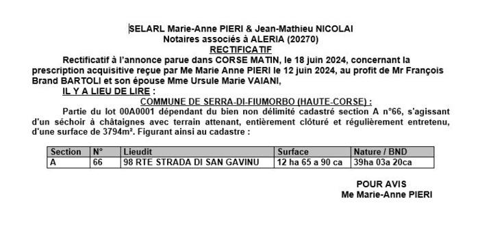 Avis de création de titre de propriété - Commune de Serra di Fiumorbu (Cismonte)