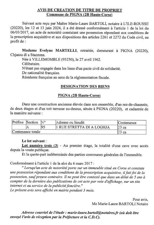 Avis de création de titre de propriété - Commune de Pigna (Cismonte)