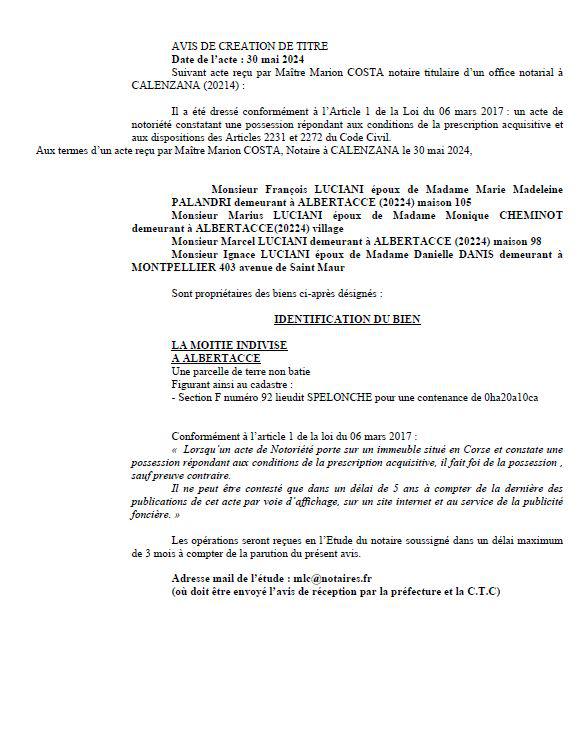 Avis de création de titre de propriété - Commune d'Albertacce (Cismonte)