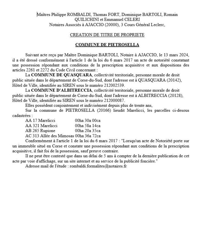 Avis de création de titre de propriété - Commune de Pitrusedda (Pumonti)