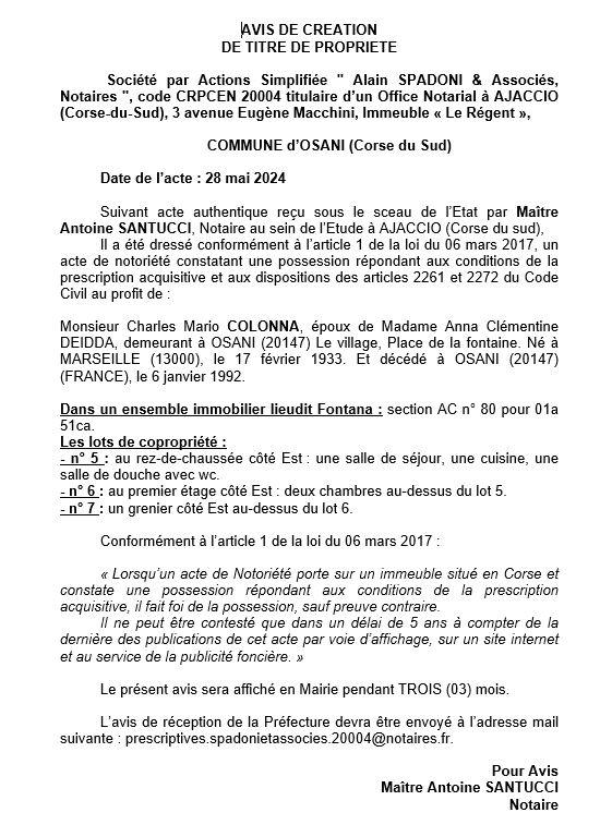 Avis de création de titre de propriété - Commune de Osani (Pumonti)