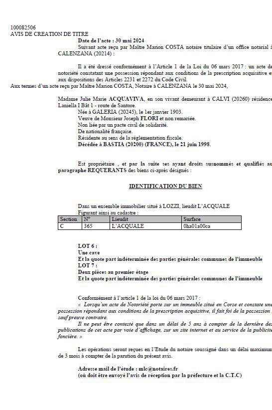 Avis de création de titre de propriété - Commune de Lozzi (Cismonte)