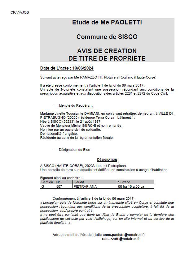 Avis de création de titre de propriété - Commune de Siscu (Cismonte)