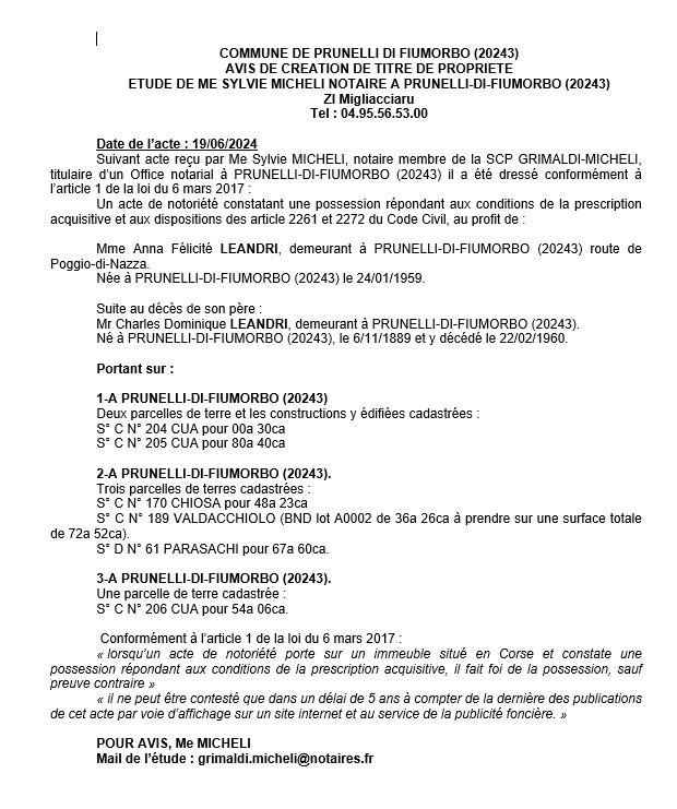 Avis de création de titre de propriété - Commune de I Prunelli di Fiumorbu (Cismonte)