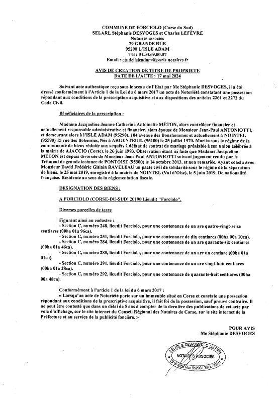 Avis de création de titre de propriété - Commune de U Forciolu (Pumonti)