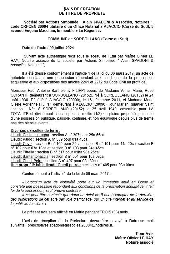 Avis de création de titre de propriété - Commune de Surbuddà (Pumonti)