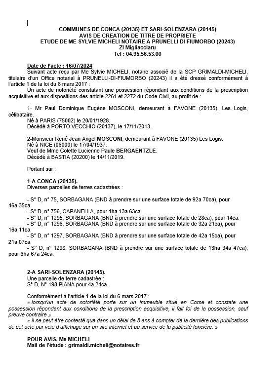 Avis de création de titre de propriété - Communes de Conca et Sari è Sulinzara (Cismonte)