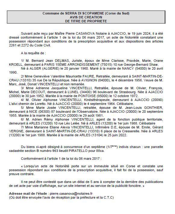 Avis de création de titre de propriété - Commune de A Sarra di Scupamena (Pumonti)