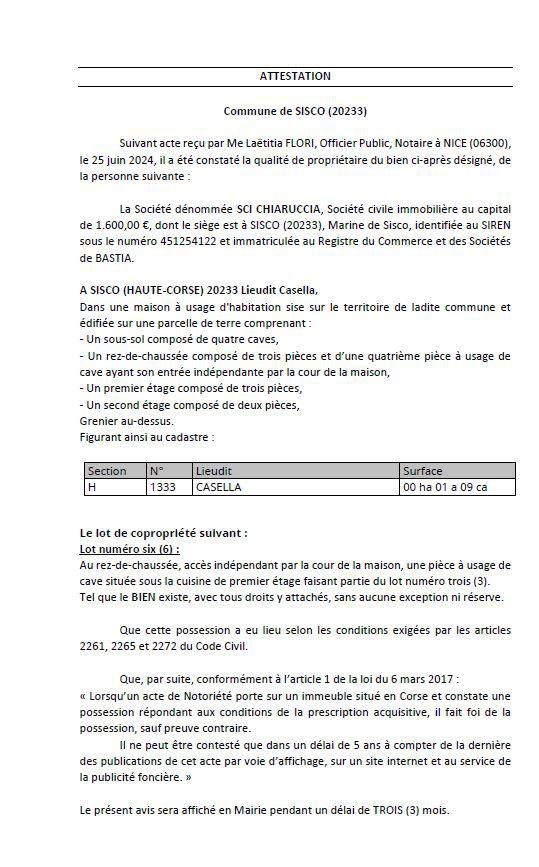 Avis de création de titre de propriété - Commune de Siscu (Cismonte)