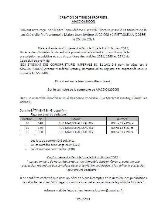 Avis de création de titre de propriété - Commune de Aiacciu (Pumonti)