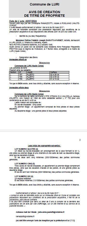 Avis de création de titre de propriété - Commune de Luri (Cismonte)