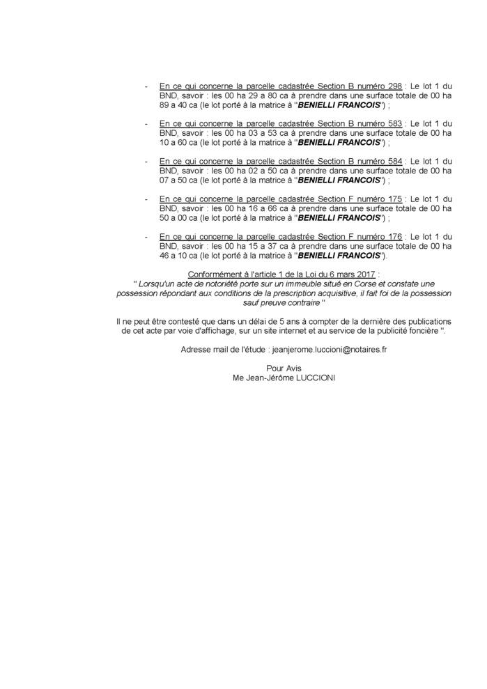 Avis de création de titre de propriété - Commune d'Aucciani (Pumonti)