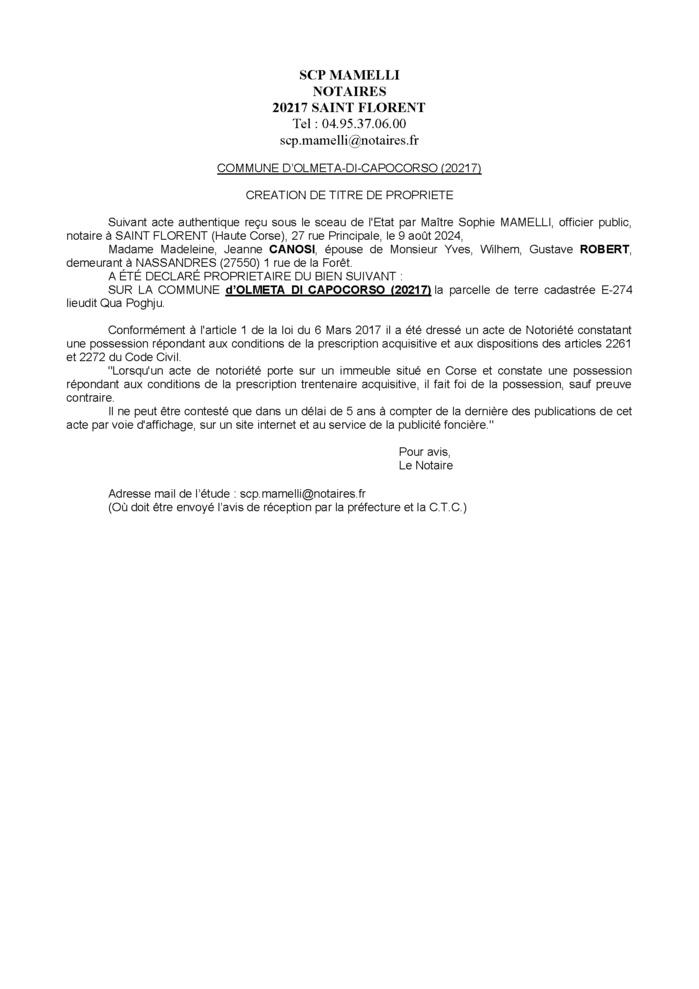 Avis de création de titre de propriété - Commune d'Olmeta di Capicorsu (Cismonte)