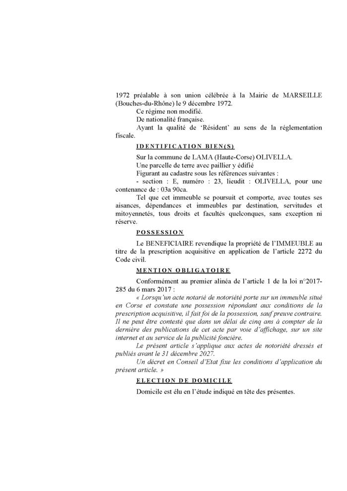 Avis de création de titre de propriété - Commune de Lama (Cismonte)