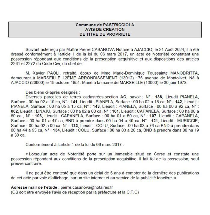 Avis de création de titre de propriété - Commune d'A Pastricciola (Pumonti)