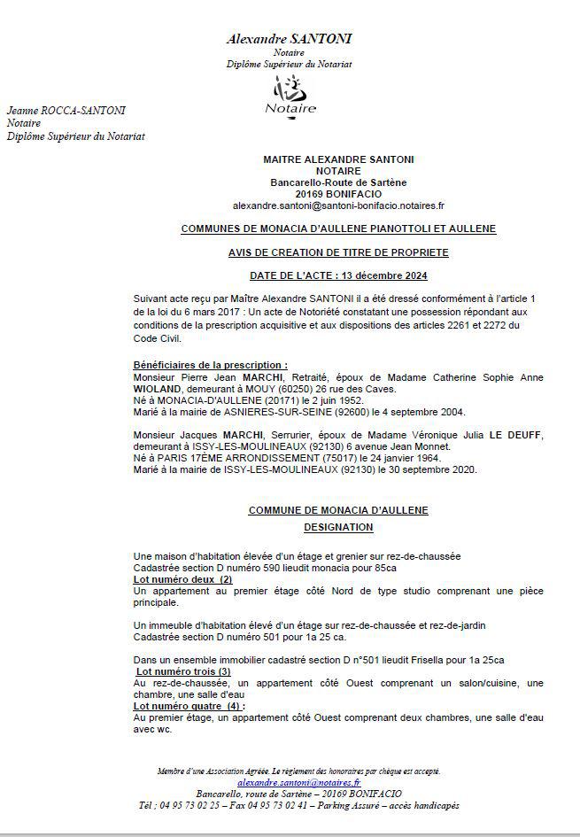 Avis de création de titre de propriété - Communes d'A Munacia d'Auddè, Auddè et Pianottuli è Caldareddu (Pumonti)