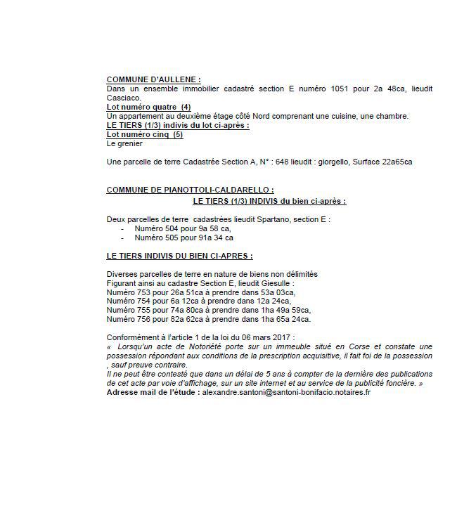 Avis de création de titre de propriété - Communes d'A Munacia d'Auddè, Auddè et Pianottuli è Caldareddu (Pumonti)