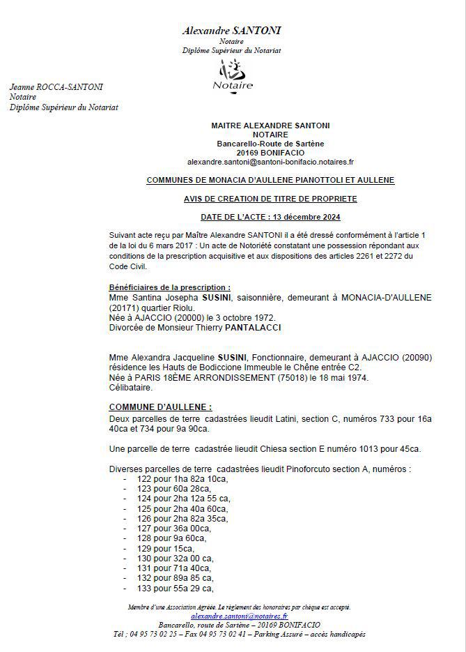 Avis de création de titre de propriété - Communes d'A Munacia d'Auddè, Auddè et Pianottuli è Caldareddu (Pumonti)