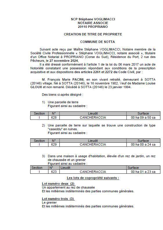 Avis de création de titre de propriété - Commune de Sotta (Pumonti)