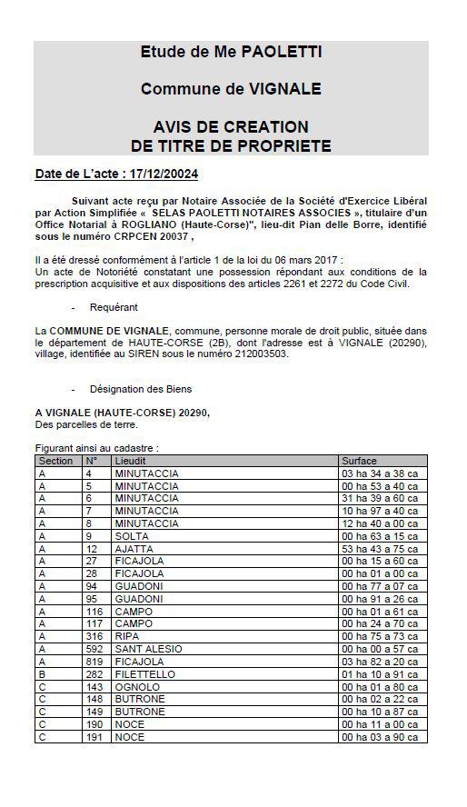 Avis de création de titre de propriété - Commune de Vignale (Cismonte)