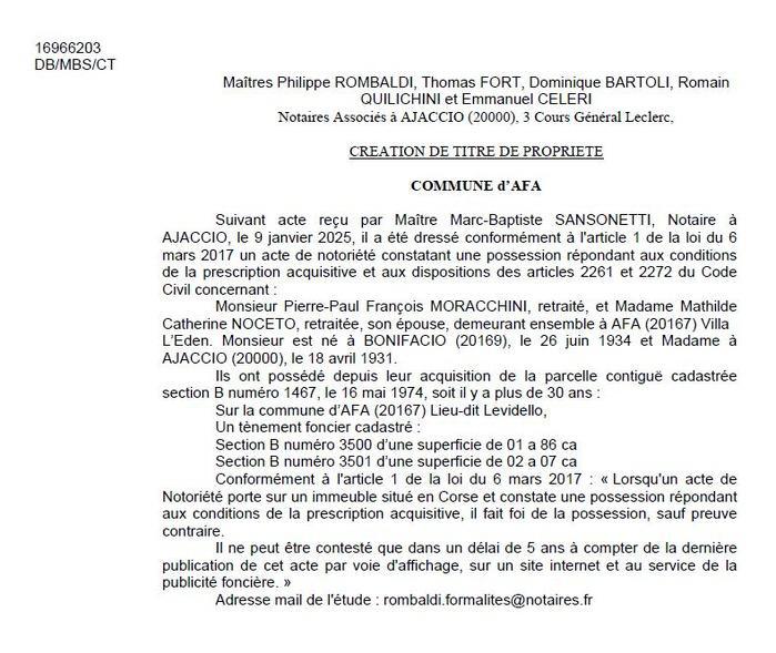 Avis de création de titre de propriété - Commune d'Afa (Pumonti) Avis de création de titre de propriété - Commune d'Afa (Pumonti)