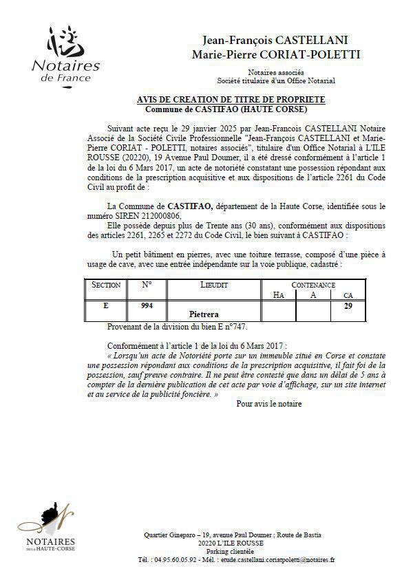 Avis de création de titre de propriété - Commune de Castifau (Cismonte)