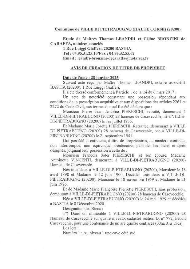 Avis de création de titre de propriété - Commune d'E Ville di Petrabugnu (Cismonte)