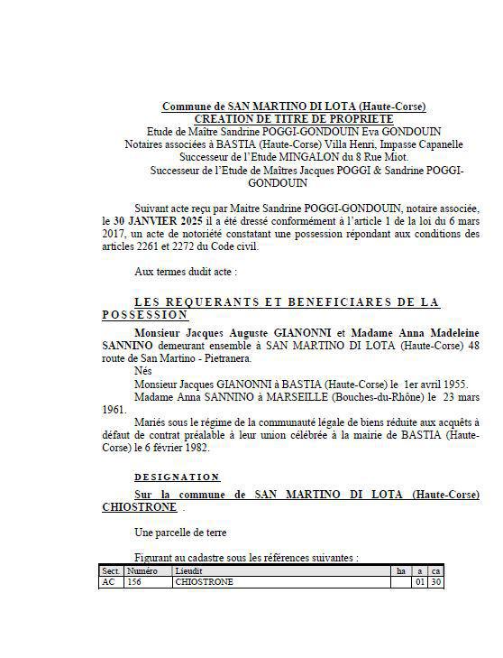 Avis de création de titre de propriété - Commune de San Martinu di Lota (Cismonte)