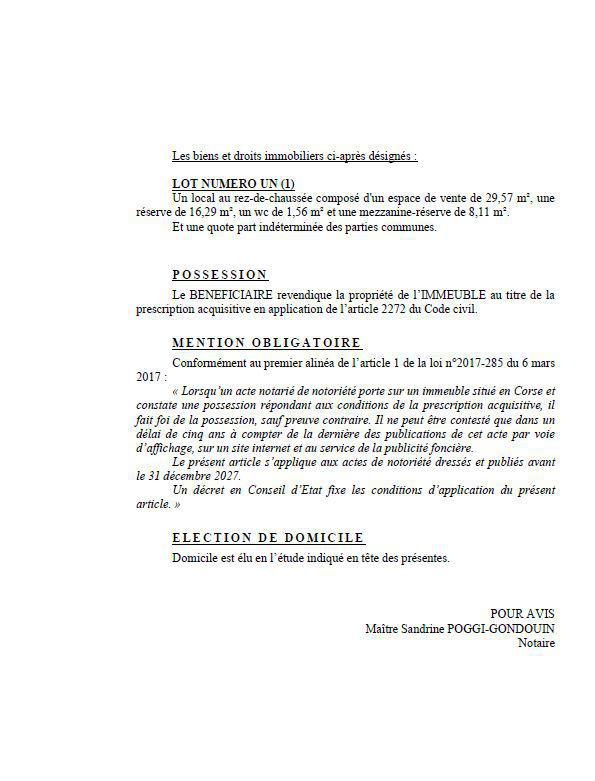 Avis de création de titre de propriété - Commune de Bastia (Cismonte)