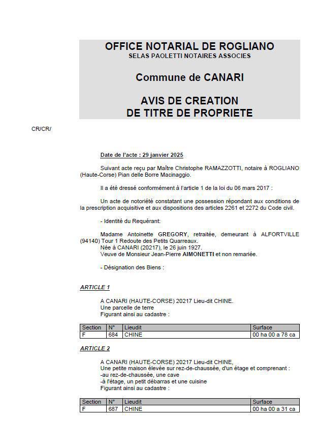 Avis de création de titre de propriété - Commune de Canari (Cismonte)