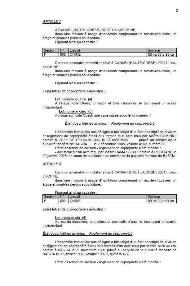 Avis de création de titre de propriété - Commune de Canari (Cismonte)