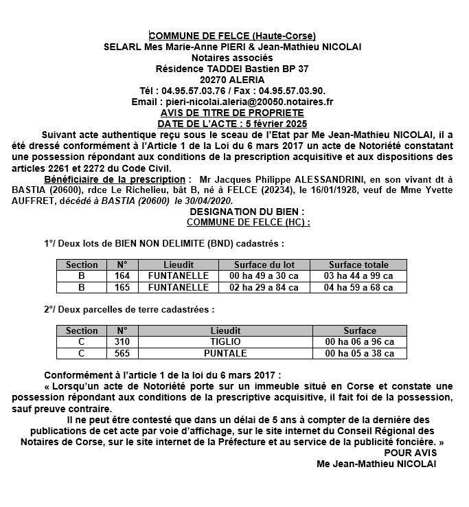 Avis de création de titre de propriété - Commune de Felge (Cismonte)