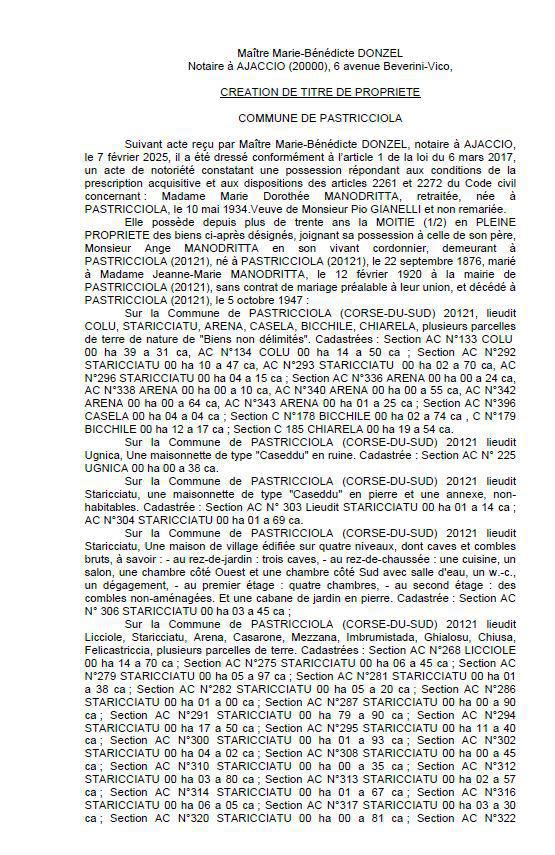 Avis de création de titre de propriété - Commune d'A Pastricciola (Pumonti)