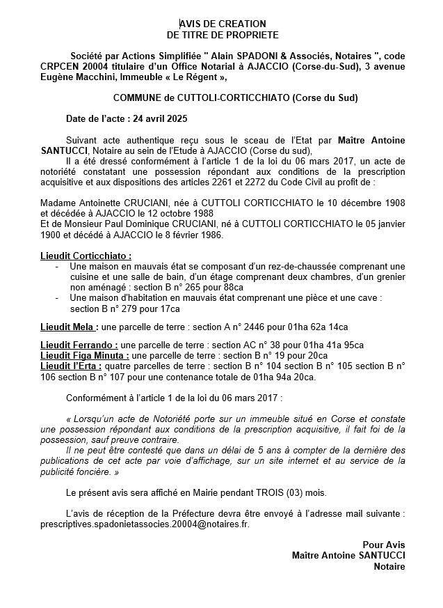 Avis de création de titre de propriété - Commune de Cutuli è Curtichjatu (Pumonti)