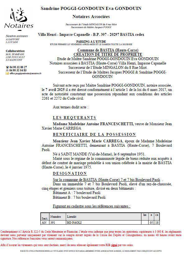 Avis de création de titre de propriété - Commune de Bastia (Cismonte)