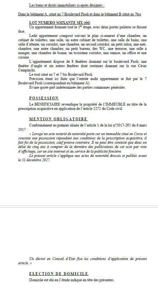 Avis de création de titre de propriété - Commune de Bastia (Cismonte)