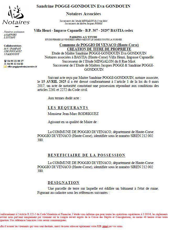 Avis de création de titre de propriété - Commune d'U Poghju di Venacu (Pumonti)