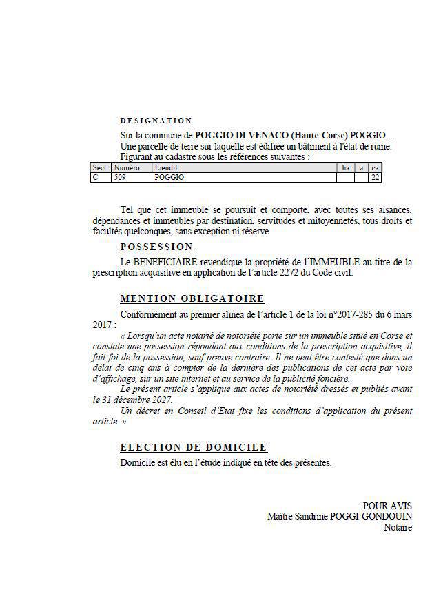 Avis de création de titre de propriété - Commune d'U Poghju di Venacu (Pumonti)