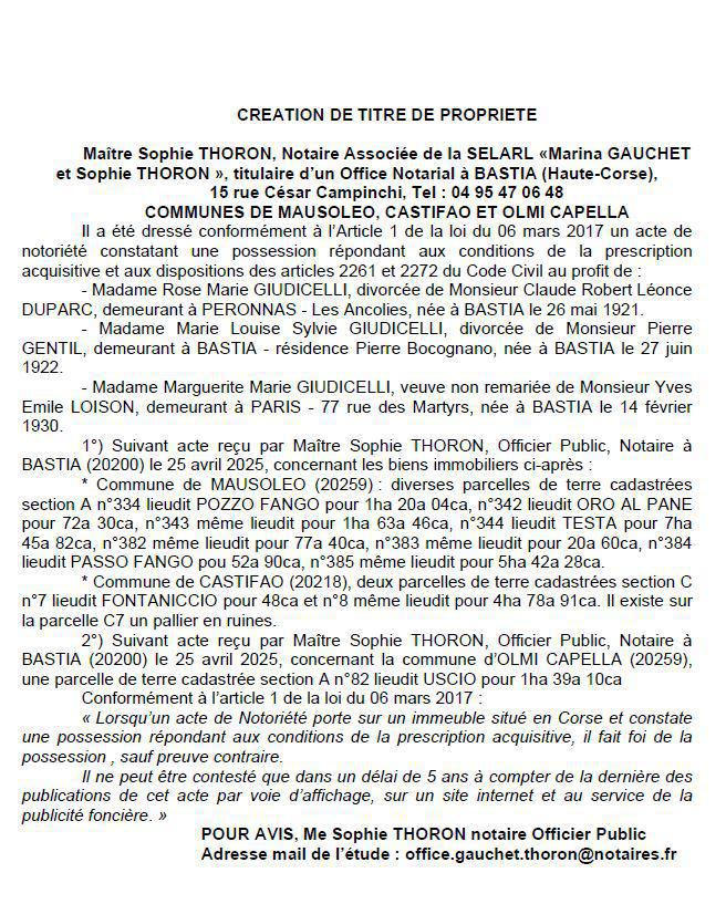 Avis de création de titre de propriété - Communes d'U Musuleu, Castifau, Loretu di Casinca (Pumonti)