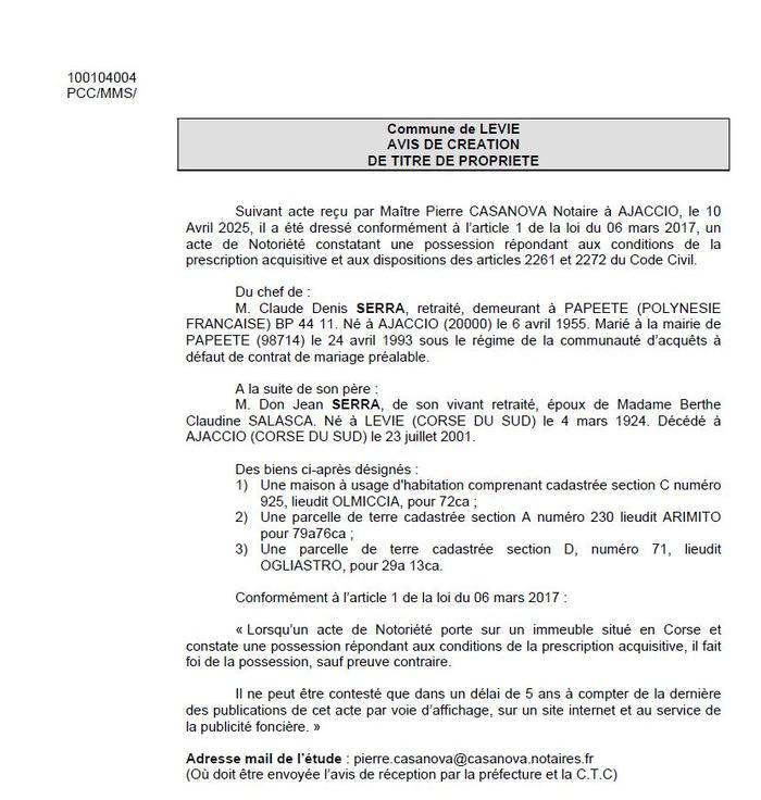 Avis de création de titre de propriété - Commune de Livia (Pumonti)