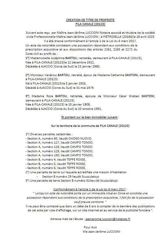 Avis de création de titre de propriété - Commune de Pila è Canali (Pumonti)