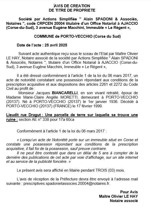 Avis de création de titre de propriété - Commune de Portivechju (Pumonti)