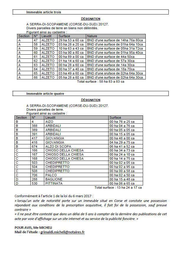 Avis de création de titre de propriété - Communes de Purtivechju, Sotta, A Sarra di Scupamena (Pumonti)