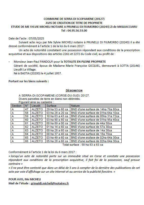 Avis de création de titre de propriété - Commune d'A Sarra di Scupamena (Pumonti)