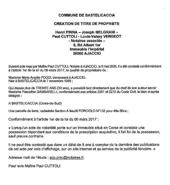 Avis de création de titre de propriété - Commune d'A Bastilicaccia (Pumonti)