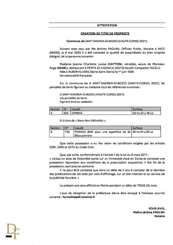 Avis de création de titre de propriété - Commune de Sant'Andria di Boziu (Cismonte)