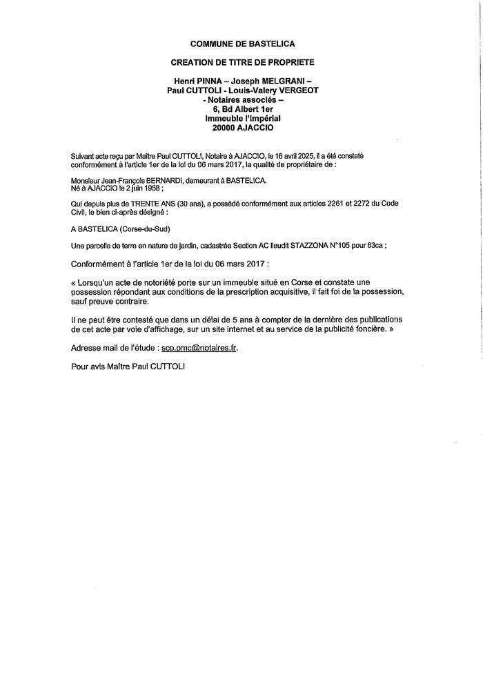 Avis de création de titre de propriété - Commune d'A Bastilicaccia (Pumonti)