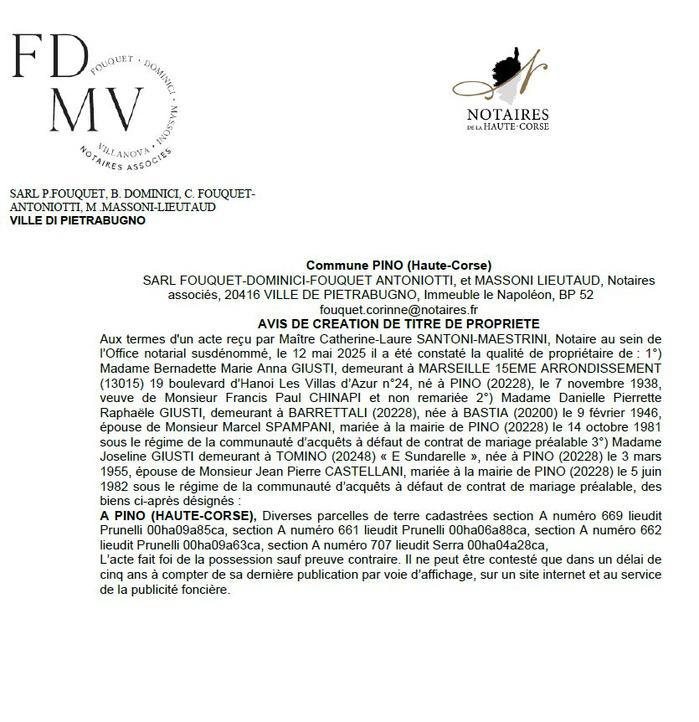 Avis de création de titre de propriété - Commune de Pinu (Cismonte)